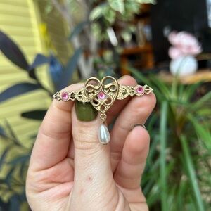 Gold and Pink Heart Brooch with Pearl Drop